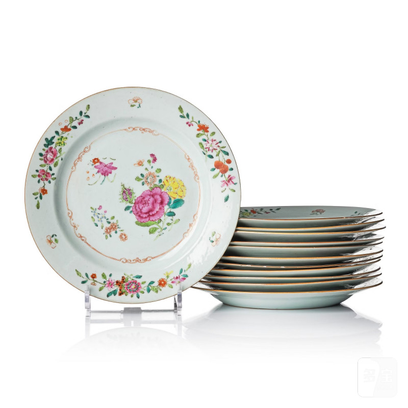 A set of 12 famille rose dishes,